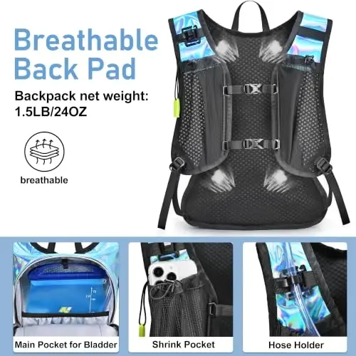 Lightweight Hydration Backpack, Running Backpack with 2L Water Bladder | Hydro Water Daypack, Small Hiking Backpack for Cycling Hiking Rave for Men Women - 6