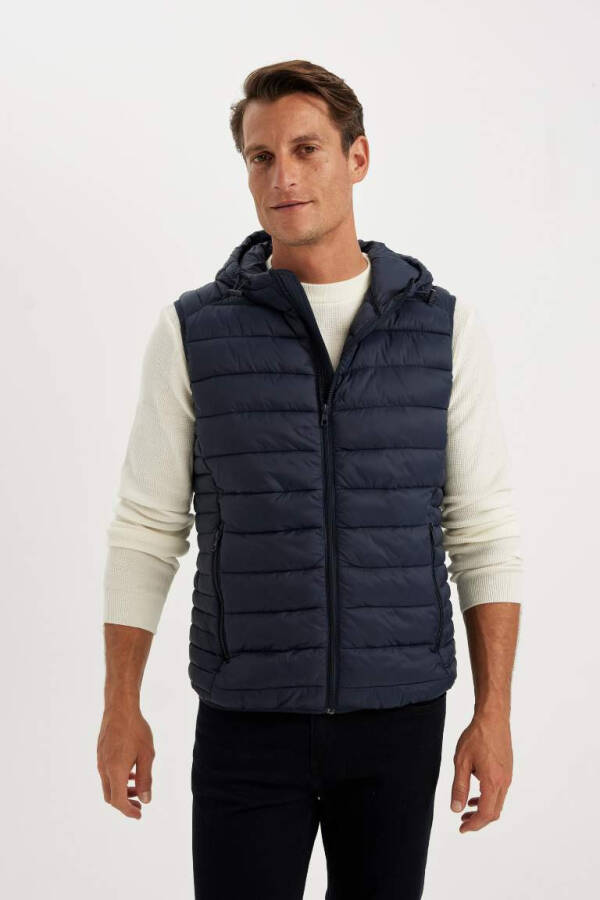 Lightweight Puffer Gilet Water-Repellent Slim Fit Hooded Zip Pockets Navy - 1