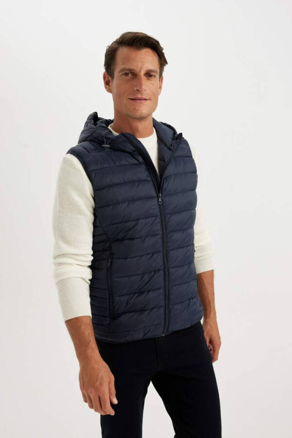 Lightweight Puffer Gilet Water-Repellent Slim Fit Hooded Zip Pockets Navy - 4