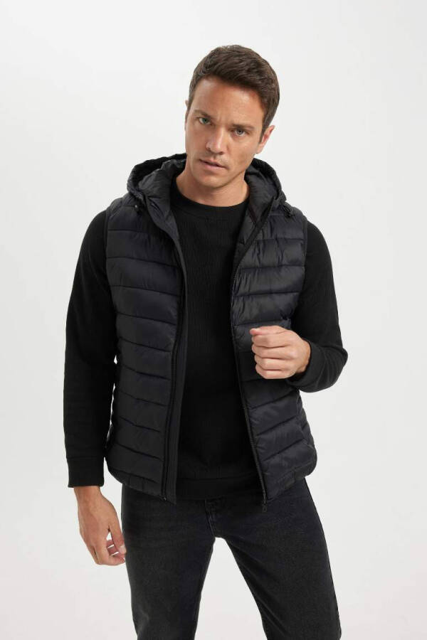 Lightweight Puffer Vest Water-repellent Slim Fit Hood Zipper Pocket Season Black - 8