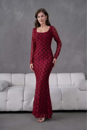 Likralı Dantel Abiye Elbise - Bordo 
