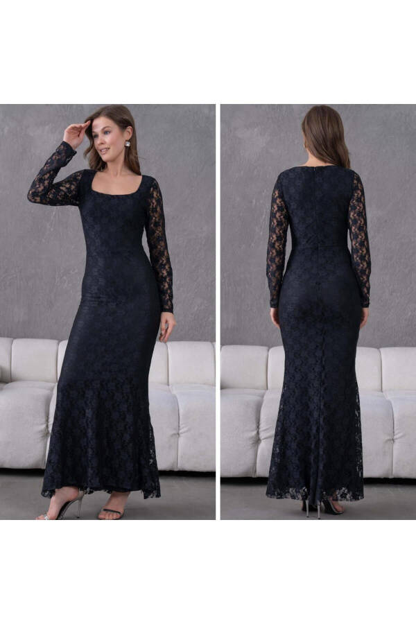 Likralı Dantel Abiye Elbise-Siyah - 1
