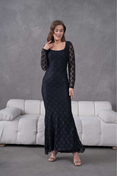 Likralı Dantel Abiye Elbise-Siyah - 6