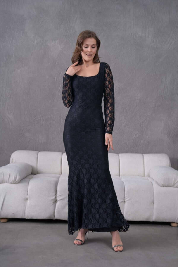 Likralı Dantel Abiye Elbise-Siyah - 6