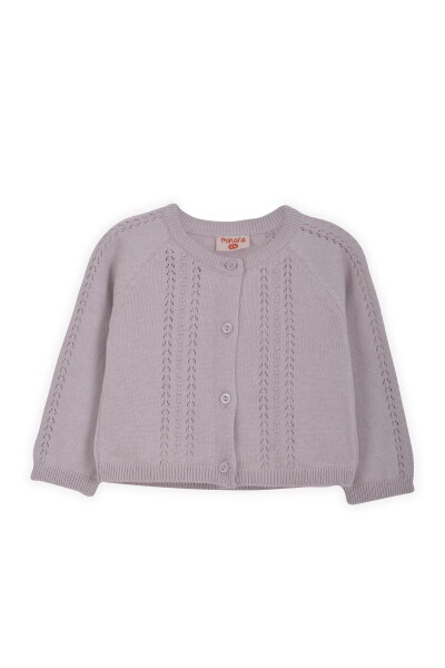 Lila baby cardigan with lace and pom-poms. - 1