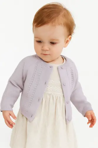 Lila baby cardigan with lace and pom-poms. - 3