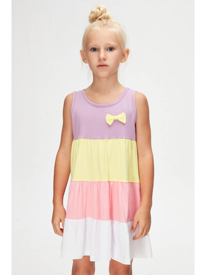 Lila Beyaz Kız Çocuk Renkli Büzgülü Askılı Elbise-Lila - 2