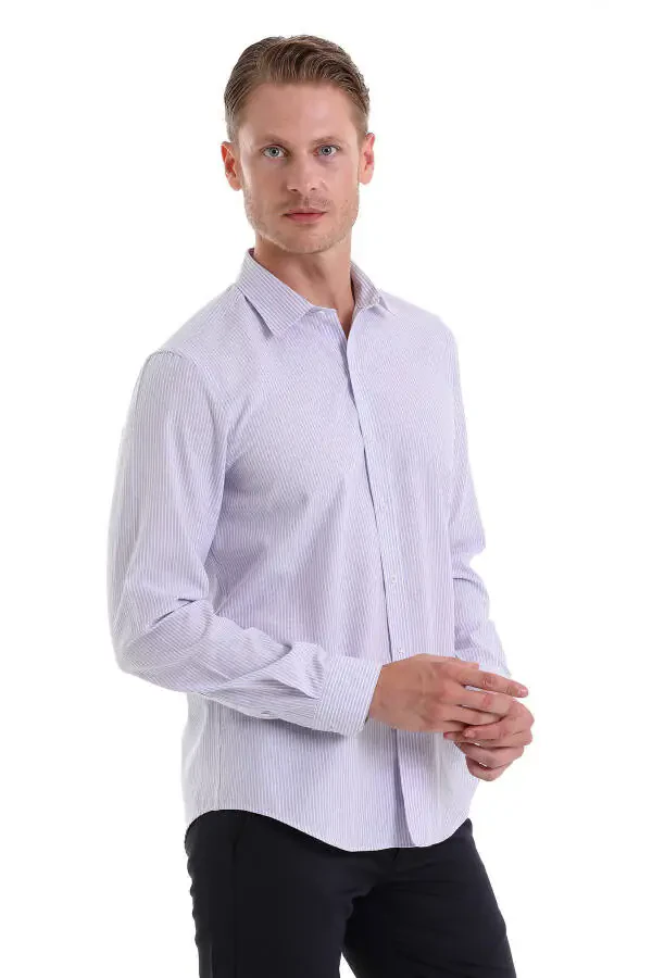 Lila Ç. Comfort Fit Çизgili Pamuklu Slim Yaka Uzun - 5