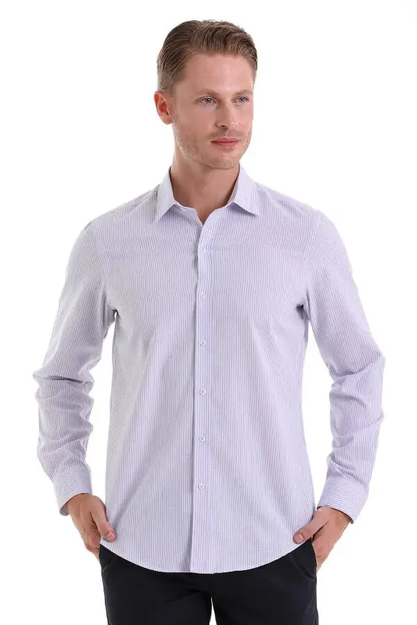 Lila Ç. Comfort Fit Striped Cotton Slim Collar Long - 1