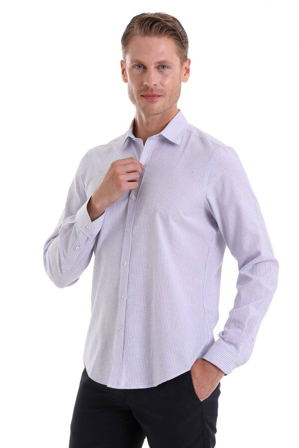 Lila Ç. Comfort Fit Striped Cotton Slim Collar Long - 3