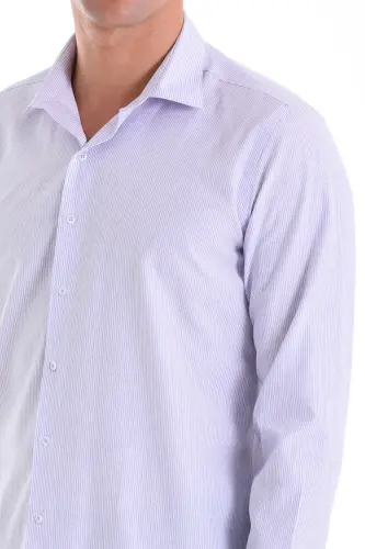 Lila Comfort Fit Chiziqli Paxtali Slim Yoqali Uzun Yengli Casual Ko'ylak-Lila Ch. - 5