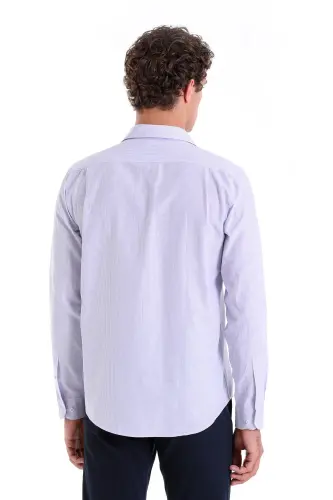 Lila Comfort Fit Chiziqli Paxtali Slim Yoqali Uzun Yengli Casual Ko'ylak-Lila Ch. - 6