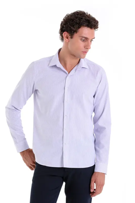 Lila Comfort Fit Çizgili Pamuklu Slim Yaka Uzun Kollu Casual Gömlek-Lila Ç. - 2