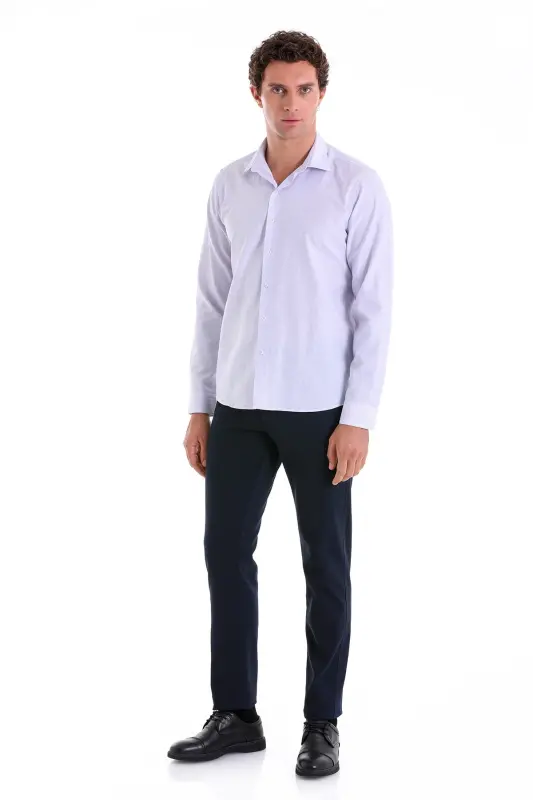 Lila Comfort Fit Çizgili Pamuklu Slim Yaka Uzun Kollu Casual Gömlek-Lila Ç. - 4