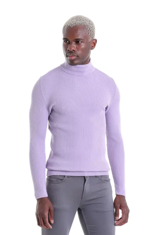 Lila Comfort Fit Fitilli Balıkçı Yaka Yünlü Yün Kazak - Lila - 1