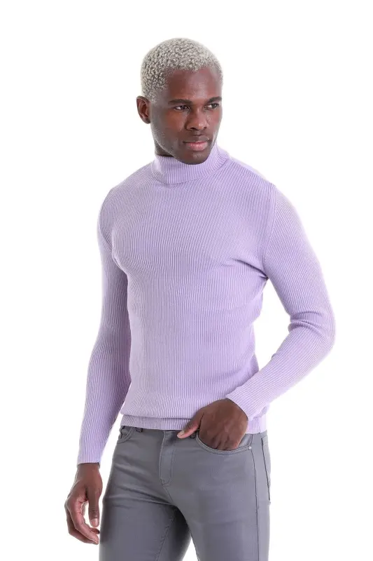 Lila Comfort Fit Fitilli Balıkçı Yaka Yünlü Yün Kazak - Lila - 2