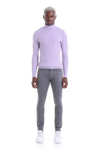 Lila Comfort Fit Fitilli Balıkçı Yaka Yünlü Yün Kazak - Lila - 3