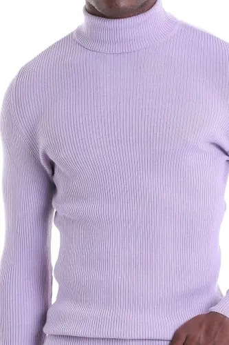 Lila Comfort Fit Fitilli Balıkçı Yaka Yünlü Yün Kazak - Lila - 4