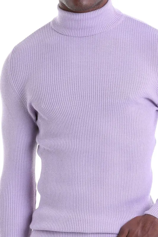 Lila Comfort Fit Fitilli Balıkçı Yaka Yünlü Yün Kazak - Lila - 4