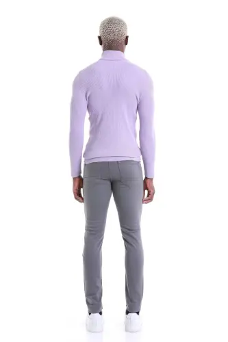 Lila Comfort Fit Fitilli Balıkçı Yaka Yünlü Yün Kazak - Lila - 5