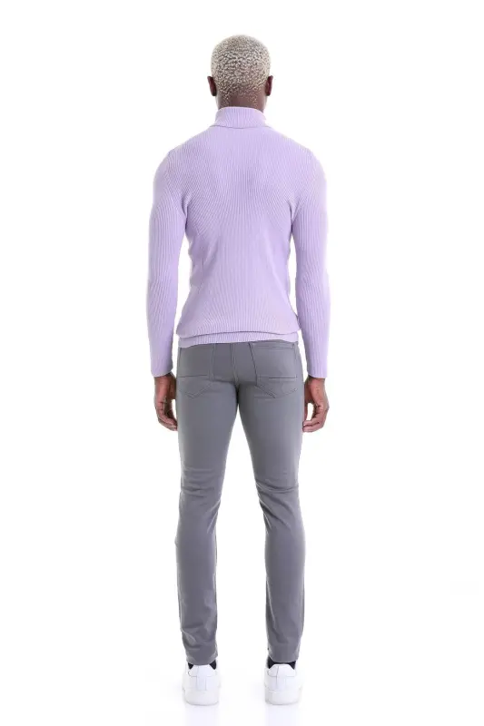 Lila Comfort Fit Fitilli Balıkçı Yaka Yünlü Yün Kazak - Lila - 5