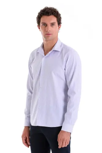 Lila Comfort Fit Striped Cotton Slim Collar Long Sleeve Casual Shirt-Lilac C. 