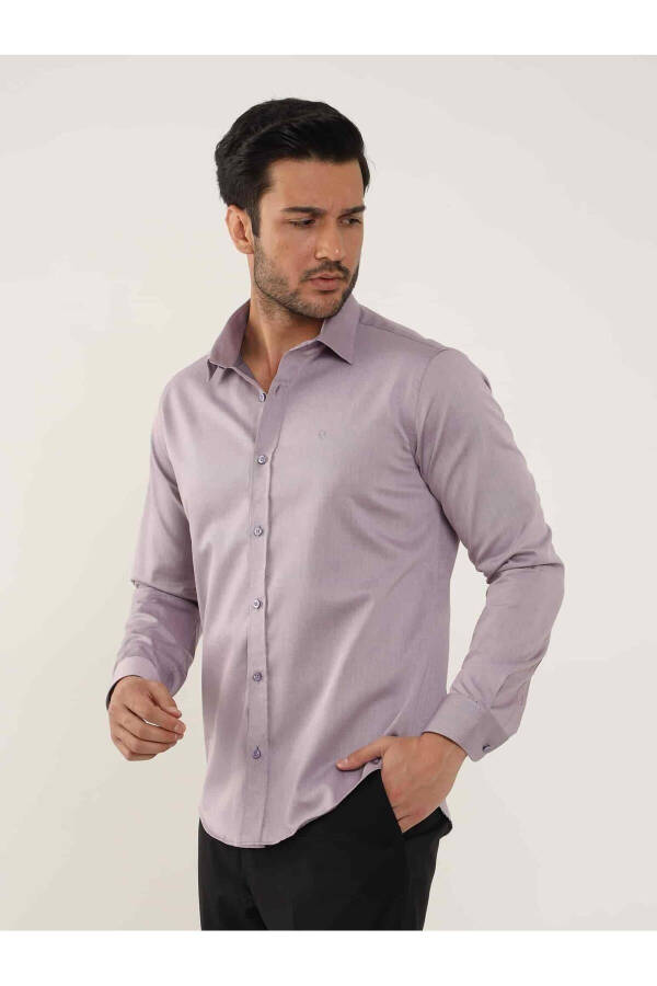 Lila Erkek Slim Fit Düz Brent Yaka Uzun Kol Gömlek - 102504 - 2