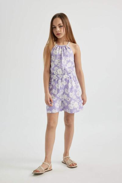 Lila Floral Cotton Short Jumpsuit with Straps for Girls - 2