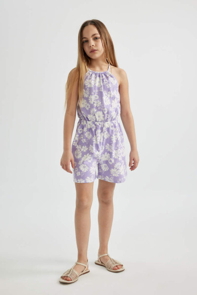 Lila Floral Cotton Short Jumpsuit with Straps for Girls - 4