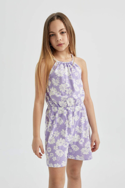 Lila Floral Cotton Short Jumpsuit with Straps for Girls - 5