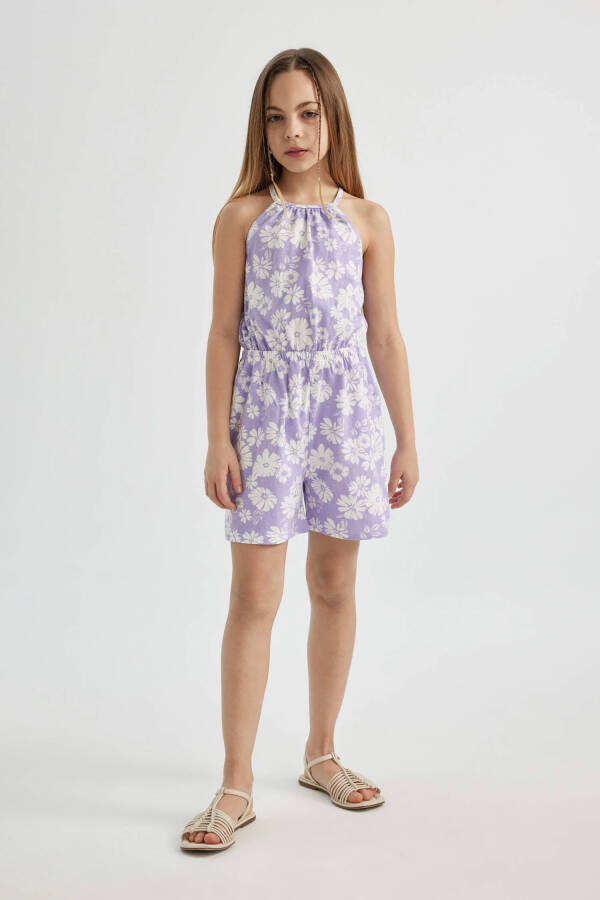 Lila Floral Cotton Short Jumpsuit with Straps for Girls - 8