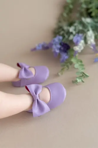 Lila Kız Bebek Suni Deri Fiyonklu Babet Patik Ilk Adım Ayakkabısı - Lila 