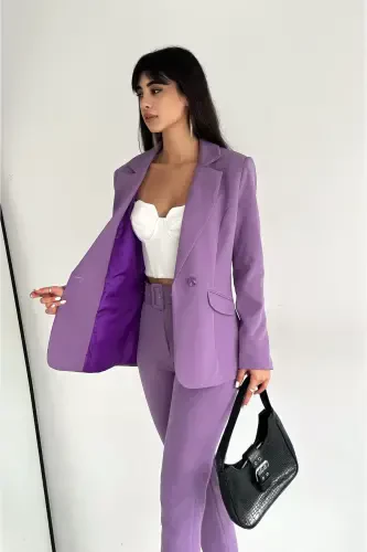 Lila Kruvaze Blazer Ceket Havuç Pantolon Takım Elbise-Mor - 4