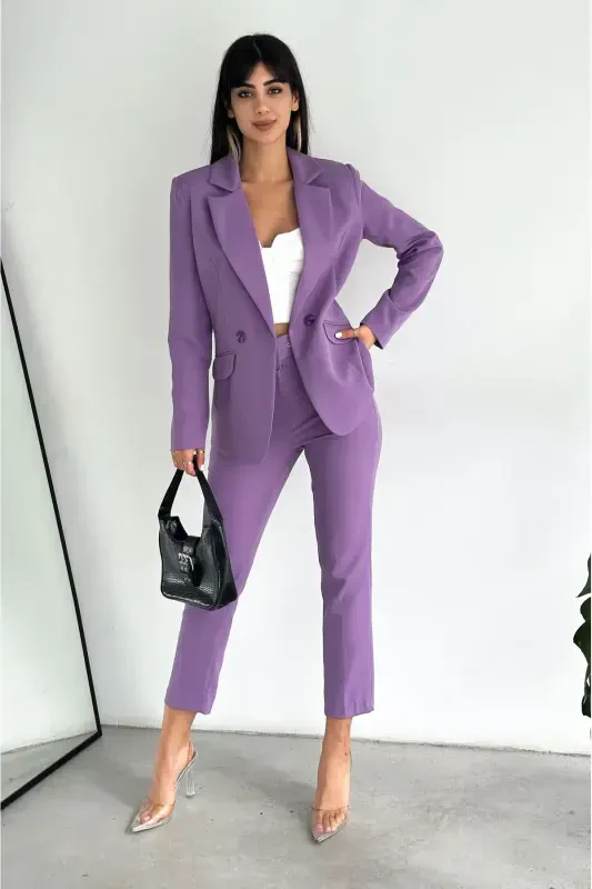Lila Kruvaze Blazer Chaket Havuch Pantolon Takim Libos-Mor - 3