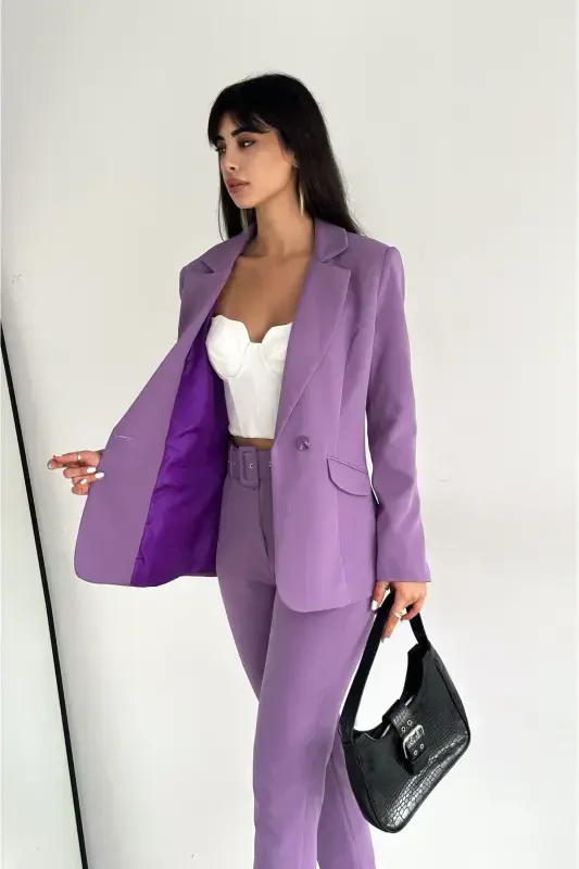 Lila Kruvaze Blazer Chaket Havuch Pantolon Takim Libos-Mor - 4