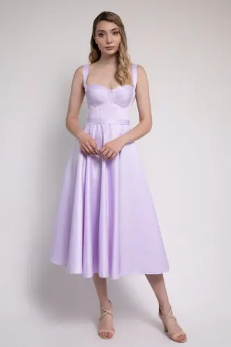 Lila Midi Boy Saten Gece ve Balo Elbisesi - Lila 