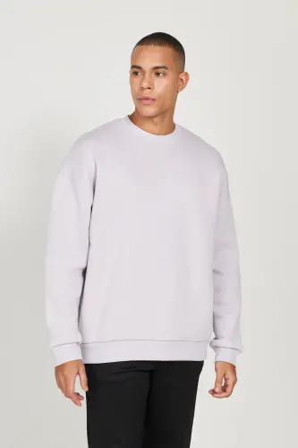 Lila Oversize Fit Bol Kesim Pamuklu Içi Polarlı 3 Iplik Bisiklet Yaka Sweatshirt - Lila - 1