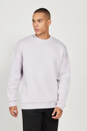 Lila Oversize Fit Bol Kesim Pamuklu Içi Polarlı 3 Iplik Bisiklet Yaka Sweatshirt - Lila - 3