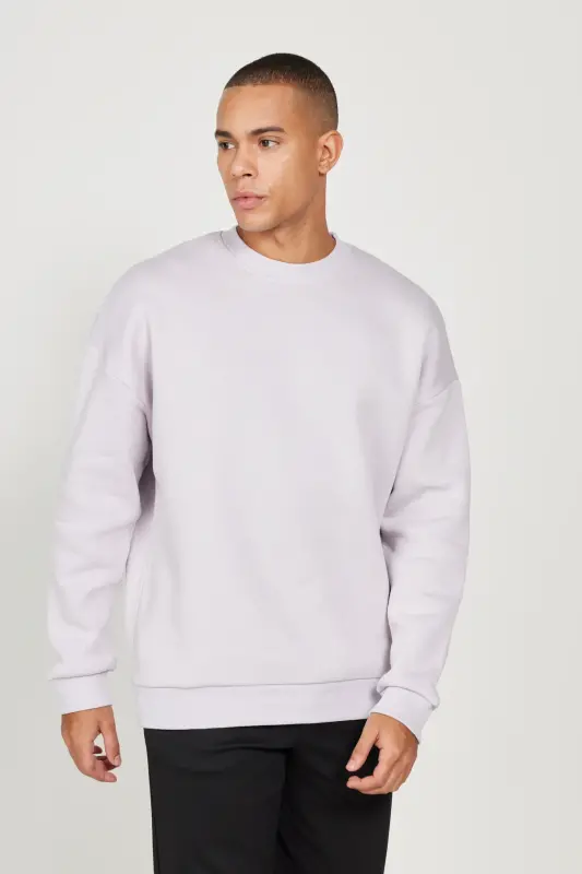 Lila Oversize Fit Bol Kesim Pamuklu Içi Polarlı 3 Iplik Bisiklet Yaka Sweatshirt - Lila - 3