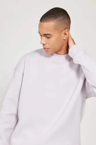 Lila Oversize Fit Bol Kesim Pamuklu Içi Polarlı 3 Iplik Bisiklet Yaka Sweatshirt - Lila - 4