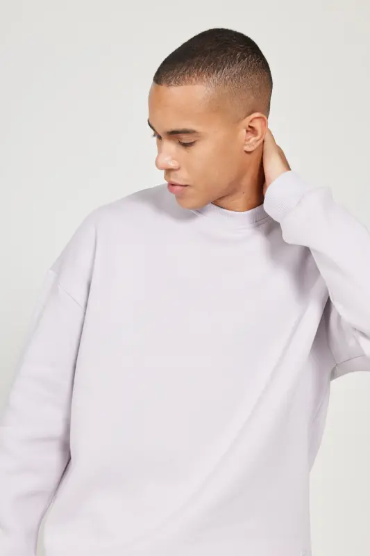 Lila Oversize Fit Bol Kesim Pamuklu Içi Polarlı 3 Iplik Bisiklet Yaka Sweatshirt - Lila - 4