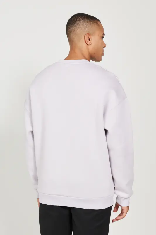 Lila Oversize Fit Bol Kesim Pamuklu Içi Polarlı 3 Iplik Bisiklet Yaka Sweatshirt - Lila - 5