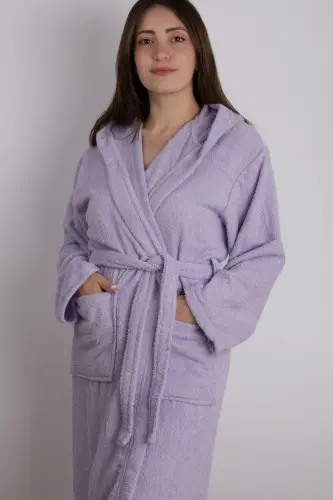 Lila Rangli 100% Paxta Bukle Kapüşonli Model Xalat (S-M-L-XL-2XL-3XL-4XL) Katta va Battal Beden-Lila - 4