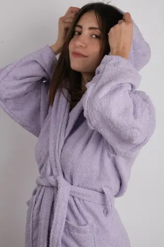 Lila Rangli 100% Paxta Bukle Kapüşonli Model Xalat (S-M-L-XL-2XL-3XL-4XL) Katta va Battal Beden-Lila - 2