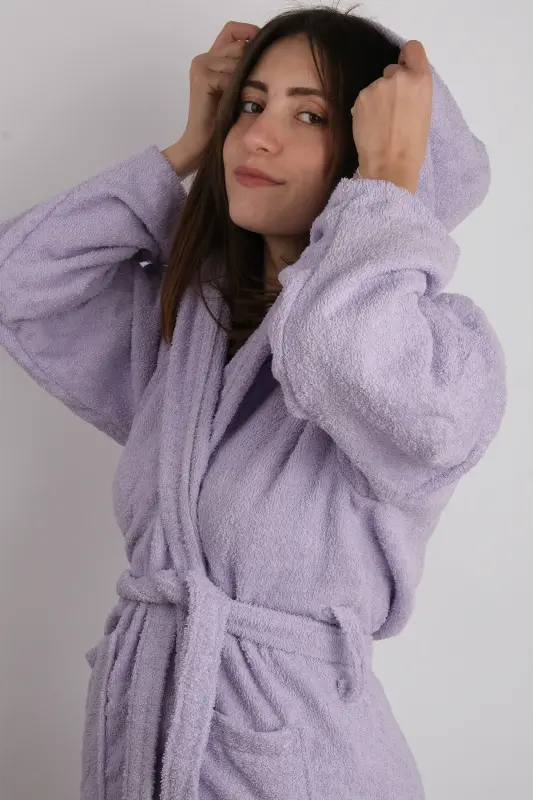 Lila Rangli 100% Paxta Bukle Kapüşonli Model Xalat (S-M-L-XL-2XL-3XL-4XL) Katta va Battal Beden-Lila - 2