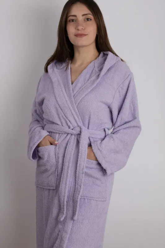 Lila Rangli 100% Paxta Bukle Kapüşonli Model Xalat (S-M-L-XL-2XL-3XL-4XL) Katta va Battal Beden-Lila - 4