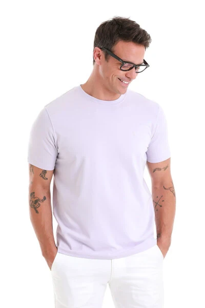 Lila Regular Fit Düz Bisiklet Yaka Pamuklu Triko T - 4