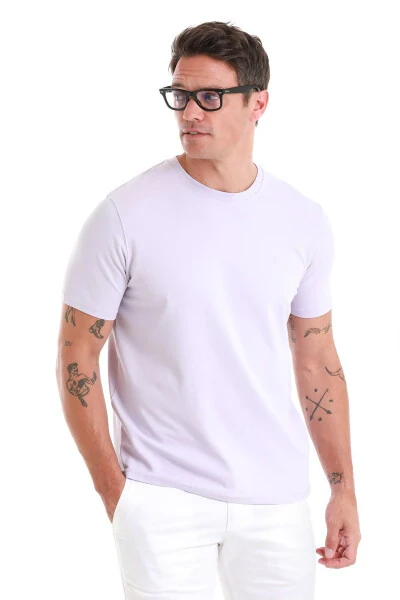 Lila Regular Fit Düz Bisiklet Yaka Pamuklu Triko T - 5