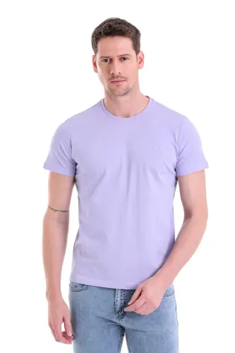 Lila Regular Fit Düz 100% Pamuk Bisiklet Yaka Tişört - Lila 