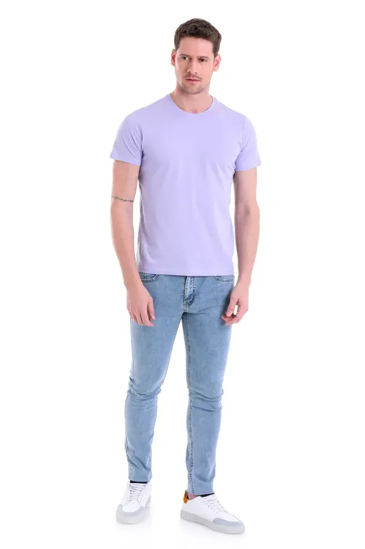 Lila Regular Fit Düz 100% Pamuk Bisiklet Yaka Tişört - Lila - 2